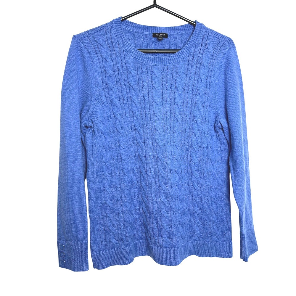 Talbots‎ Sweater Womens LP Blue Cable Knit Crewneck Button Cuff Preppy Classic